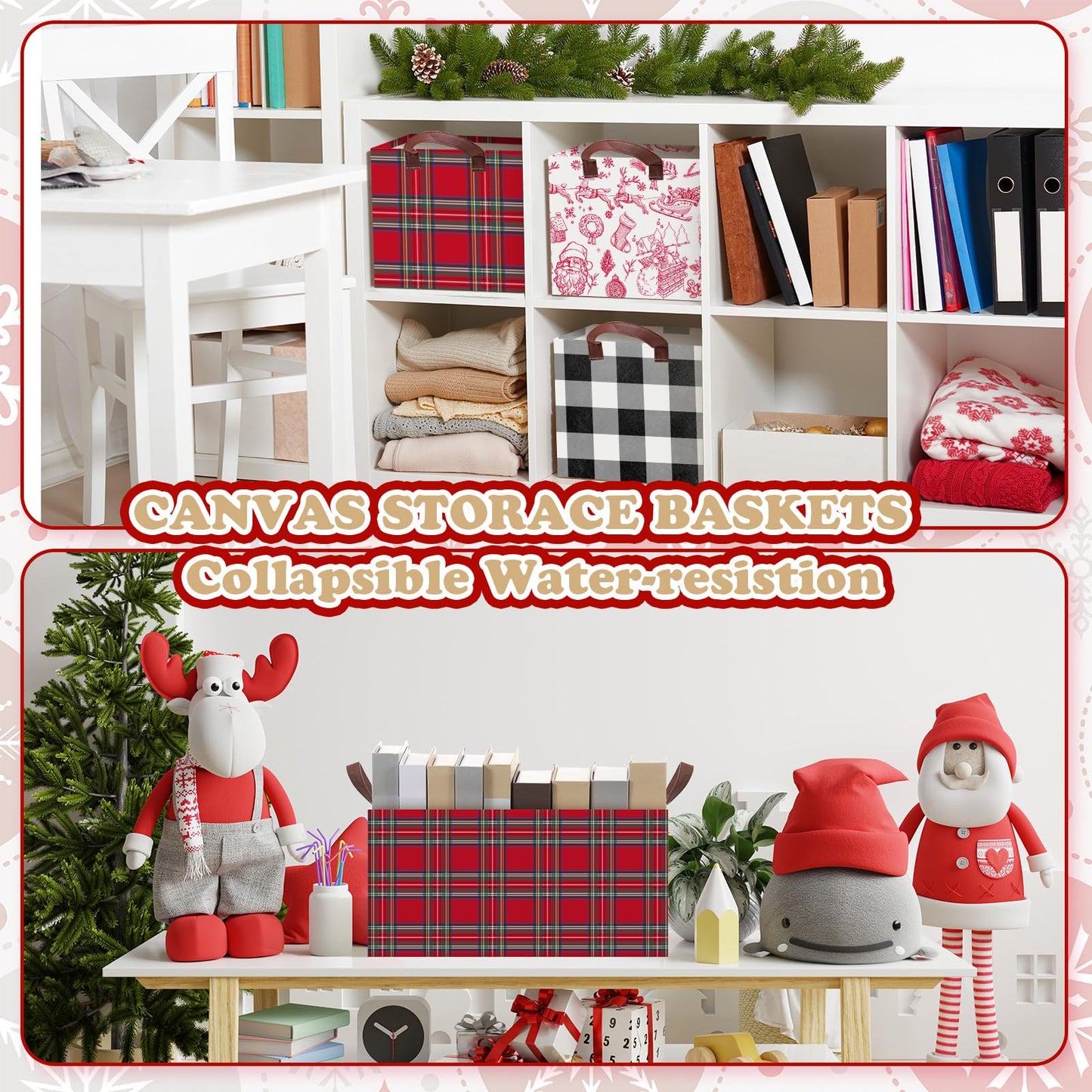 Boao 3 Pcs Christmas Foldable Storage Bins Red Black Plaid Laundry Basket with Handles Waterproof Elk Santa Claus Fabric Shelf Baskets for Organizing Closet Clothes