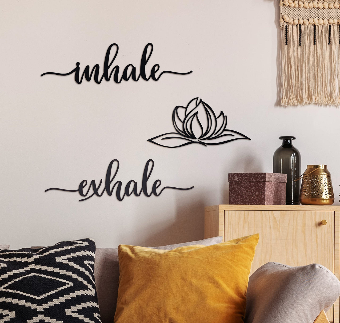 Vivegate Home Inhale Exhale Wall Art Lotus Flower Metal Zen Wall Decor - 18"X18" Black Modern Clearance Inhale Exhale Lotus Flower Metal Wall Signs For Hanging Room Shelf Décor