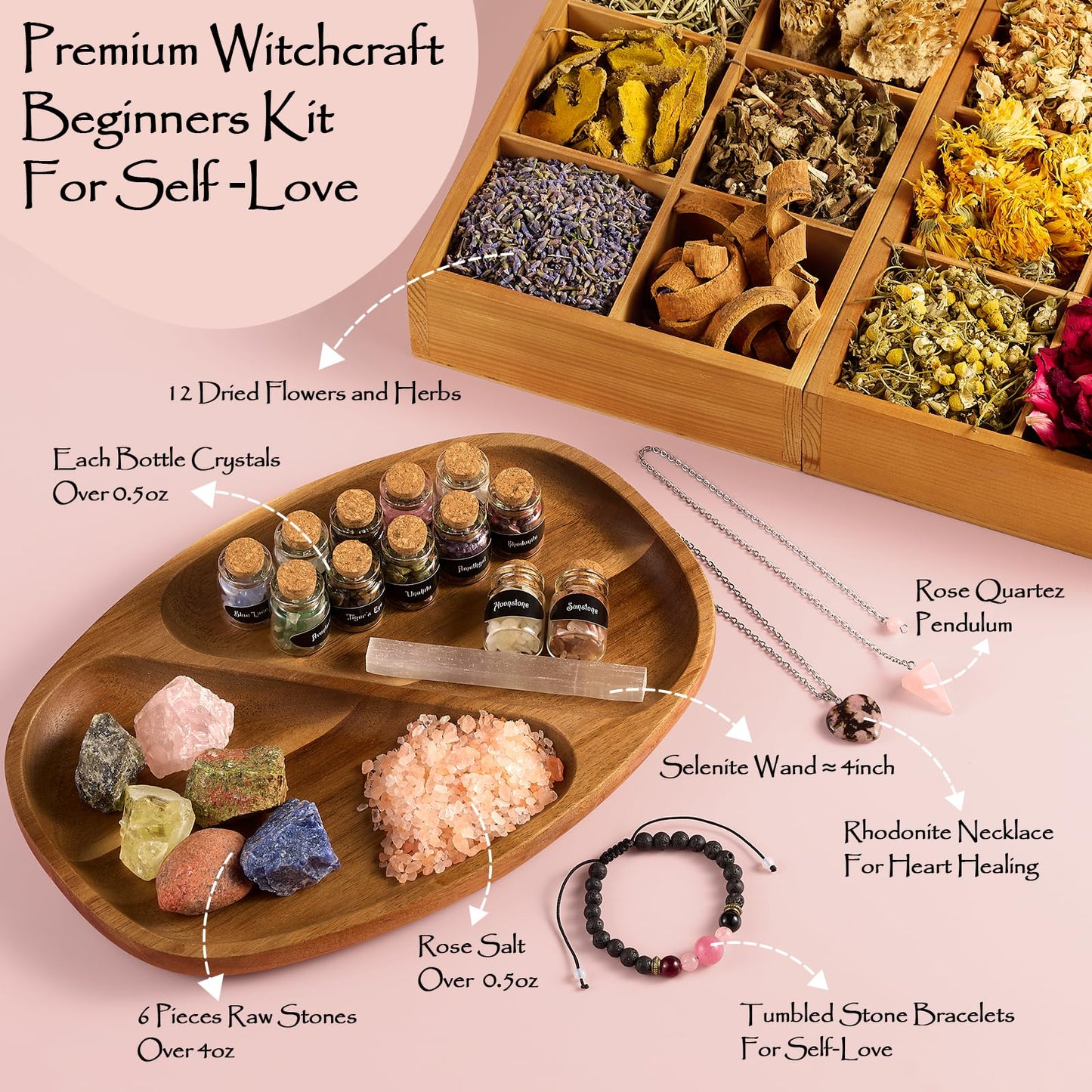 SHYSHINY Self-Love Witchcraft Supplies Kit, 75Pack Wiccan Supplies and Tools with 30+ Positive Messages Capsule Bottle, Self-Love Spell Kit with Self-Care Journal Workbook Witchy Gifts for Women