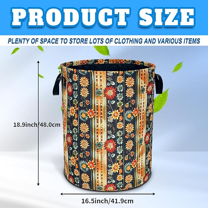 Folk Flower Art Laundry Basket Boho Floral Print Oxford Cloth Laundry Hamper