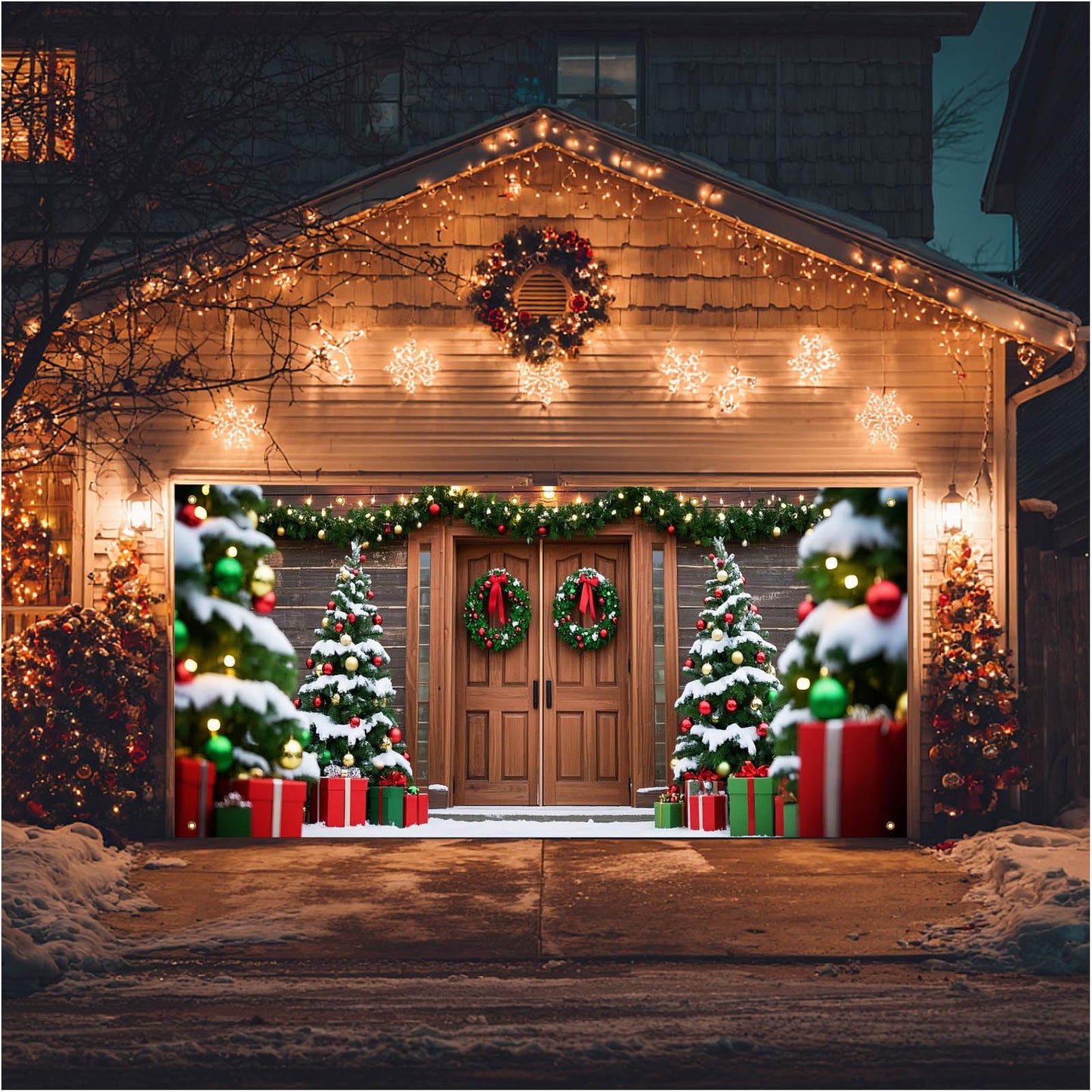 HOMETITUTE Christmas Garage Entryway Banner 13x6ft Rustic Wood Entryway Scene with Festive TreesGift Boxes Snowflakes Lights Outdoor Holiday Yard Display Backdrop Photo Background