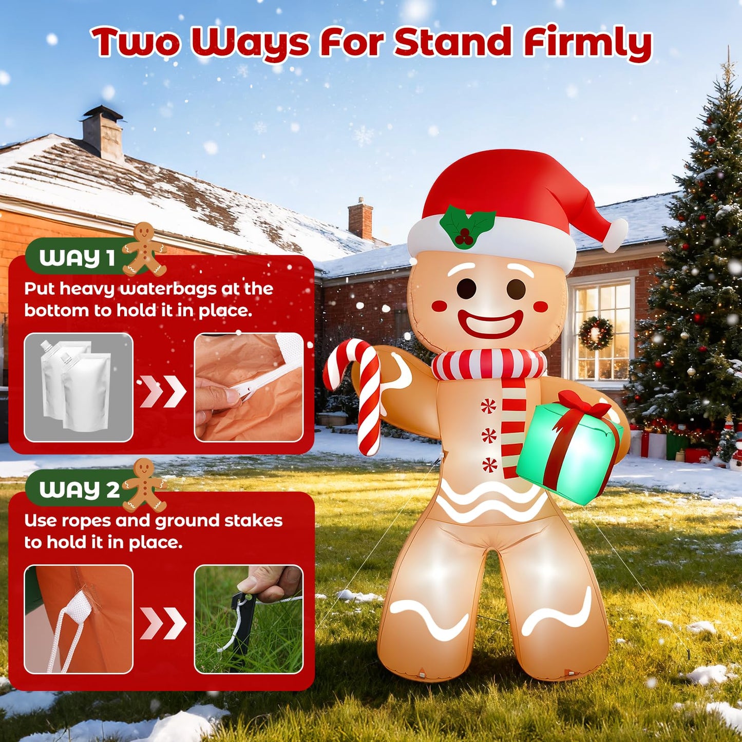 Partyotu Christmas Inflatable Gingerbread Man, Blow Up Holiday Party Decor with Build-in LED Lights, Waterproof Inflatable Christmas Decorations for Outdoor Roof Yard Lawn Garden Indoor (Brown, 8FT)