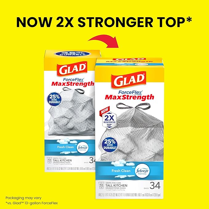 Glad Kitchen Trash Bags, 13 Gallon, Fresh Clean | ForceFlex MaxStrength | Tall
