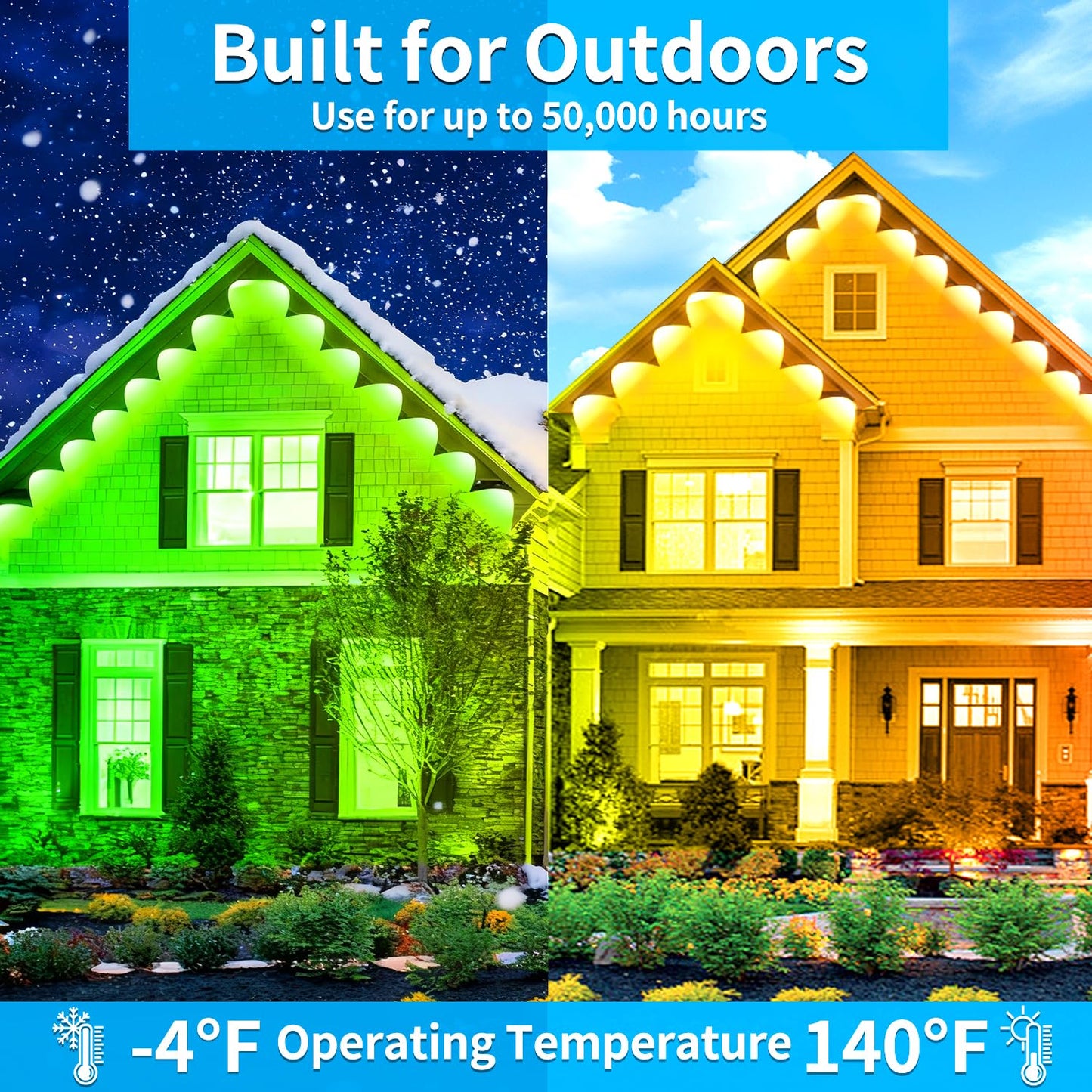 Rroetxi 150FT Permanent Outdoor Light, IP67 Waterproof LED Eaves Light, App/Remote Control Christmas Lights, Suitable for House，Patio Decor Garden Party Festival Decoration