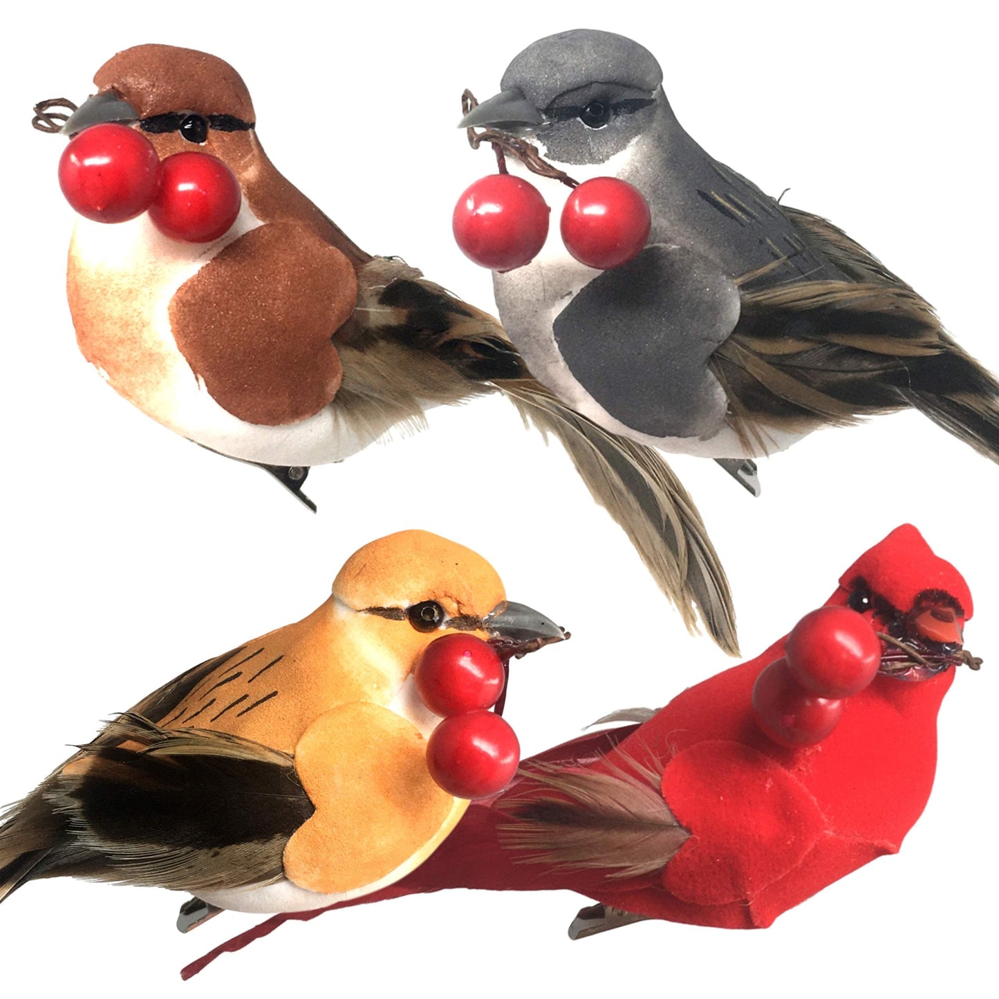 Feathered Song Bird Clip-On Christmas Ornaments - Set of 8 Assorted Styles of Birds with Metal Clips - Cardinals Orioles Finches Chickadees - $2.12 Each - Carrying Red Berries - Measures 4"W