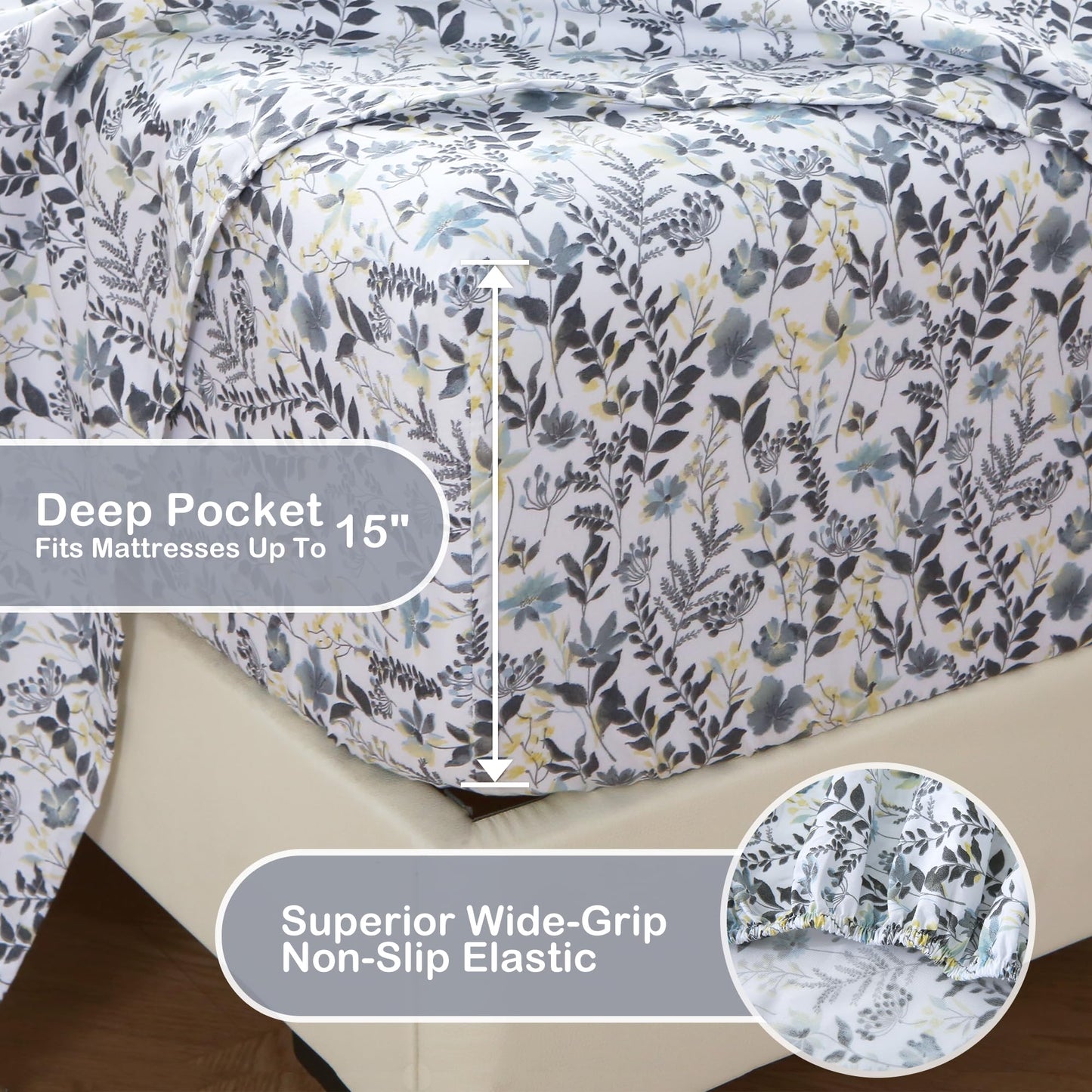 Mooreeke Cozy Vintage Microfiber Printed Twin Sheet Set - Soft Breathable Floral Bed Sheets with Deep Pocket - Non-Slip Fitted Design - Yellow Blue Gray Gradient Flowers Pattern