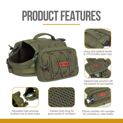 OneTigris Dog Pack Hound Travel Camping Hiking Backpack Saddle Bag Rucksack for Medium & Large Dog (Ranger Green)