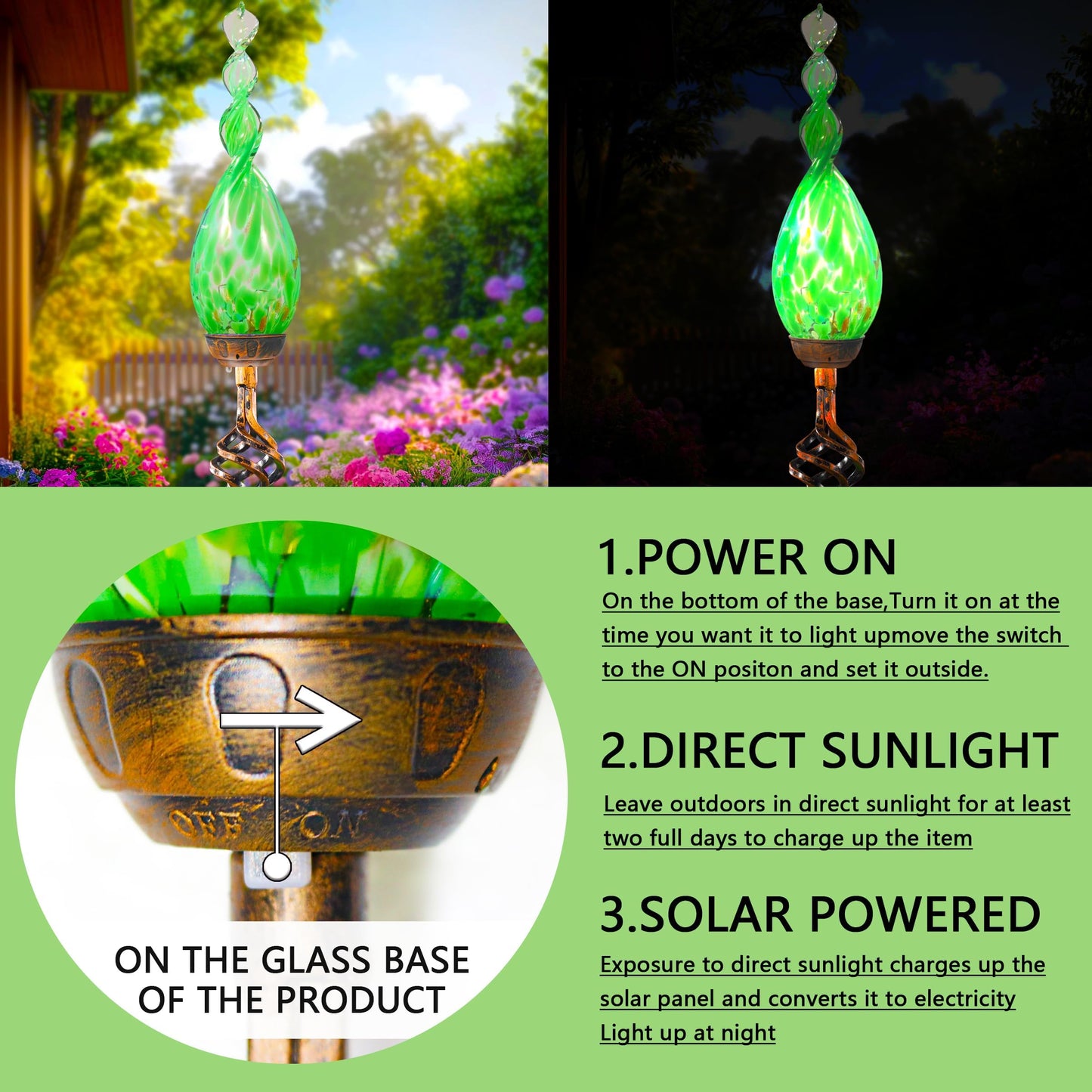Garden Solar Lights, Green Flame Solar Lights Outdoor - Hand Blown Glass Decorative Garden Pathway Lights Outdoor Waterproof Flame Glass Stakes