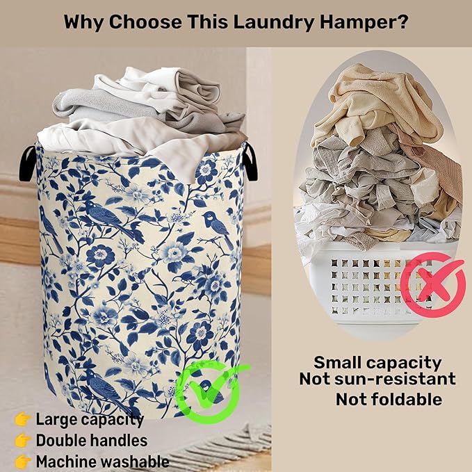 Navy Blue Beige Birds Laundry Basket