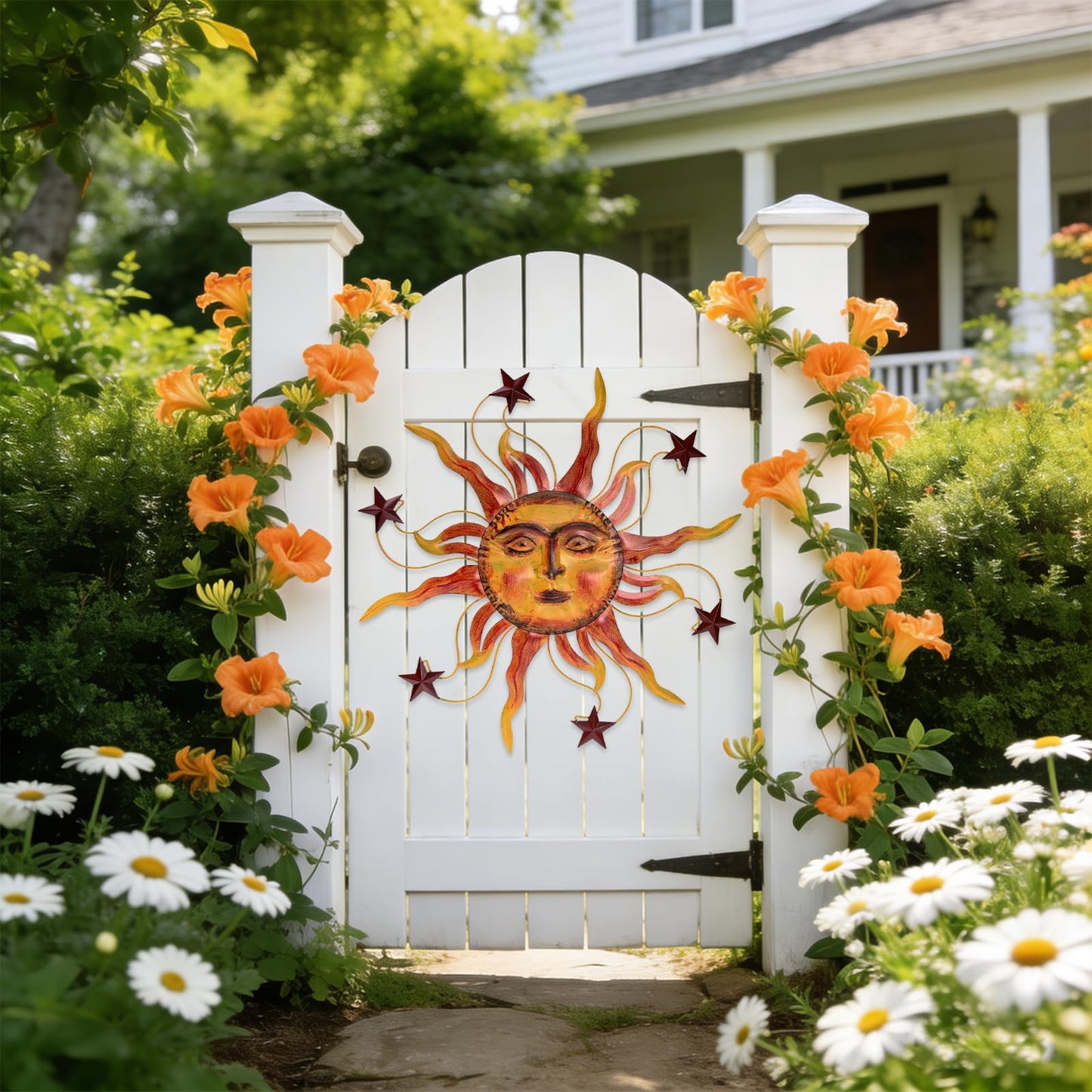 VESTCDF Metal Wall Art Decor Outdoor 30 inch Sun Wall Hanging Decoration for Graden 3D Sun Face Metal Wall for Living Room Garden Yard Patio(Star)