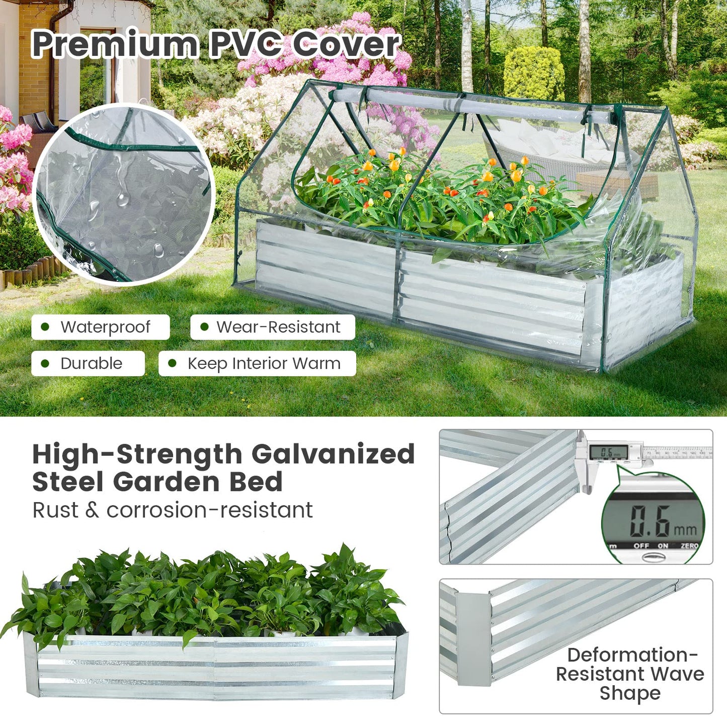 Giantex Galvanized Steel Raised Garden Bed with Mini Greenhouse, Outdoor Metal Planter Box Kit with Large Roll-up PVC Cover, 71"x 35.5"x 36" Planter Raised Bed for Growing Flower Herb Vegetable Fruit