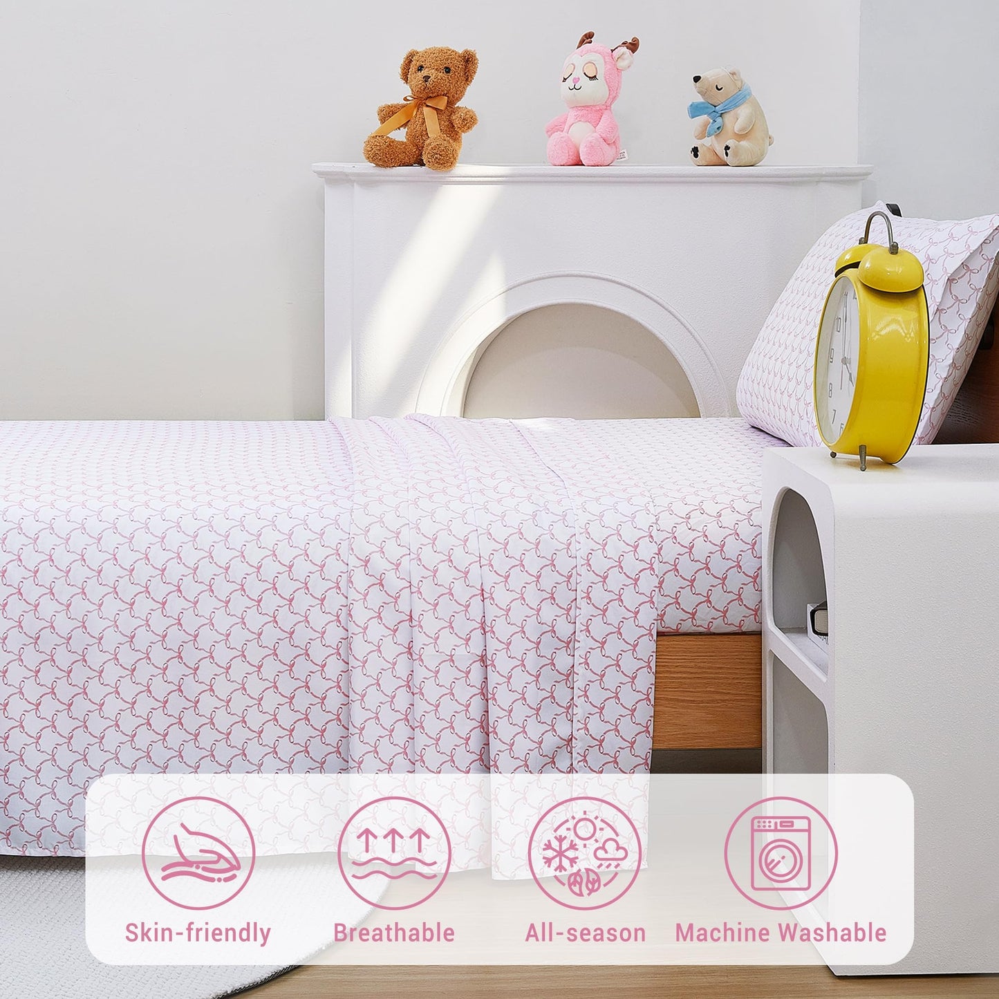 Softan Kids Bed Sheet Set, Girls Twin Size Kids Sheets, Microfiber Fitted Sheet and Pillowcase, Breathable and Silky Soft, 3 Piece Pink Bowknot Printed Twin Bed Sheet