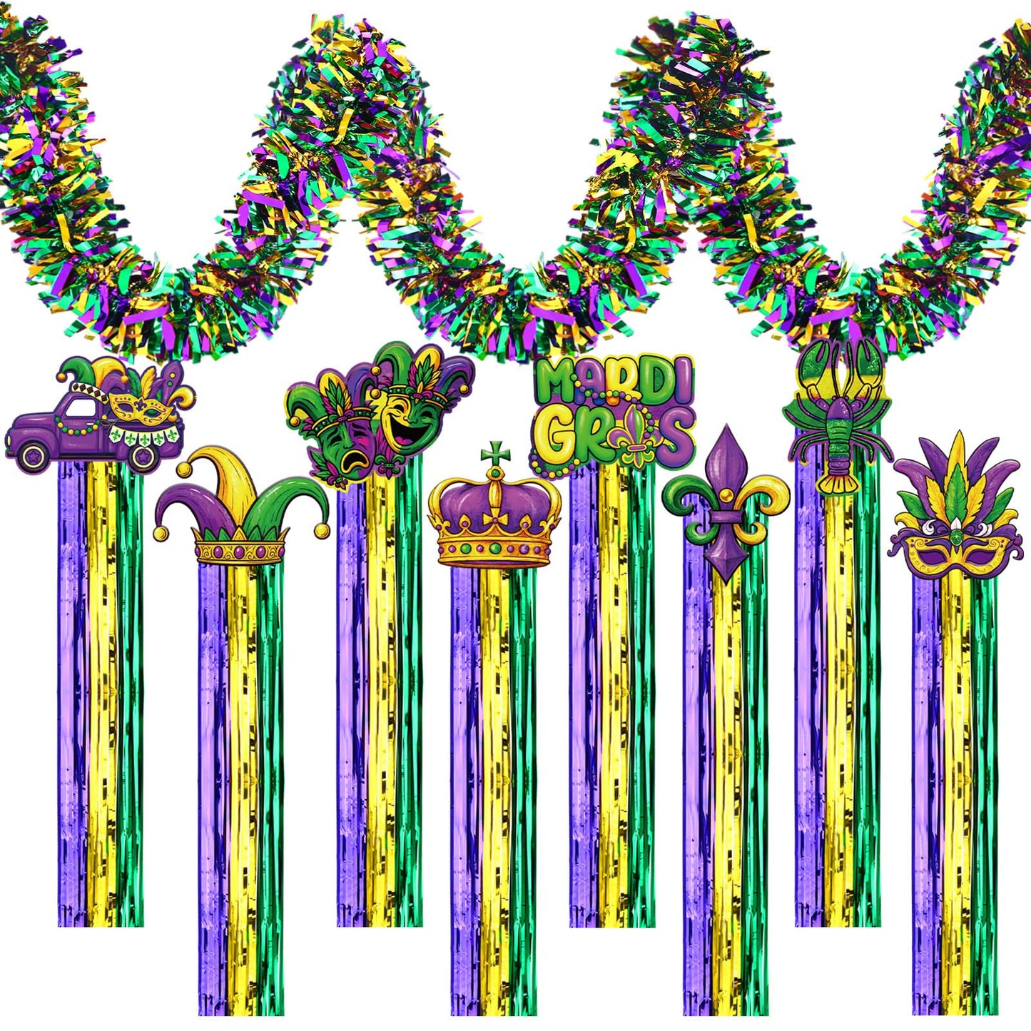 Gemscream 10 Pack Mardi Gras Decorations Set Mardi Gras Party Supplies Includes 8 Pcs Tassel Hanging Swirls and 2 Pcs 6.6ft Garland Hanging Outdoor Decor for Carnival Festival Home Garden Yard Decor
