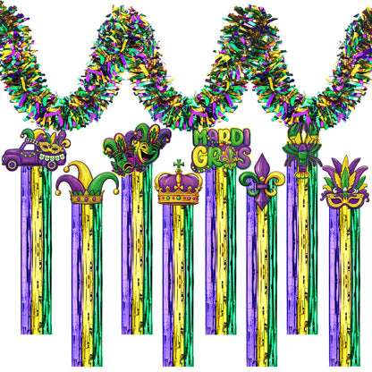 Gemscream 10 Pack Mardi Gras Decorations Set Mardi Gras Party Supplies Includes 8 Pcs Tassel Hanging Swirls and 2 Pcs 6.6ft Garland Hanging Outdoor Decor for Carnival Festival Home Garden Yard Decor