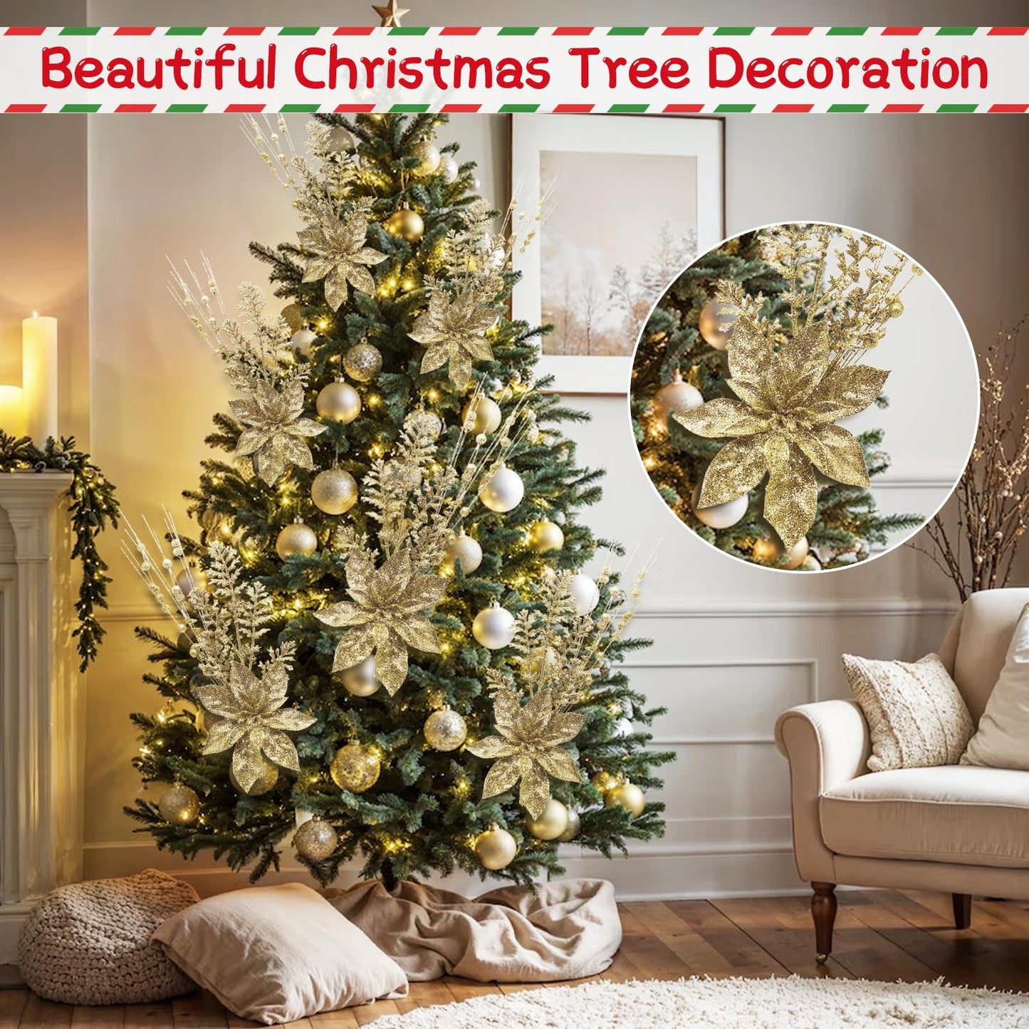 24 Pack Artificial Glitter Berry Stem Ornaments - 17.5 Inch Fake Christmas Picks Decorations with Poinsettia Flowers, Bead Sticks for DIY Christmas Tree, Wreath, Wedding & Small Vase Decor