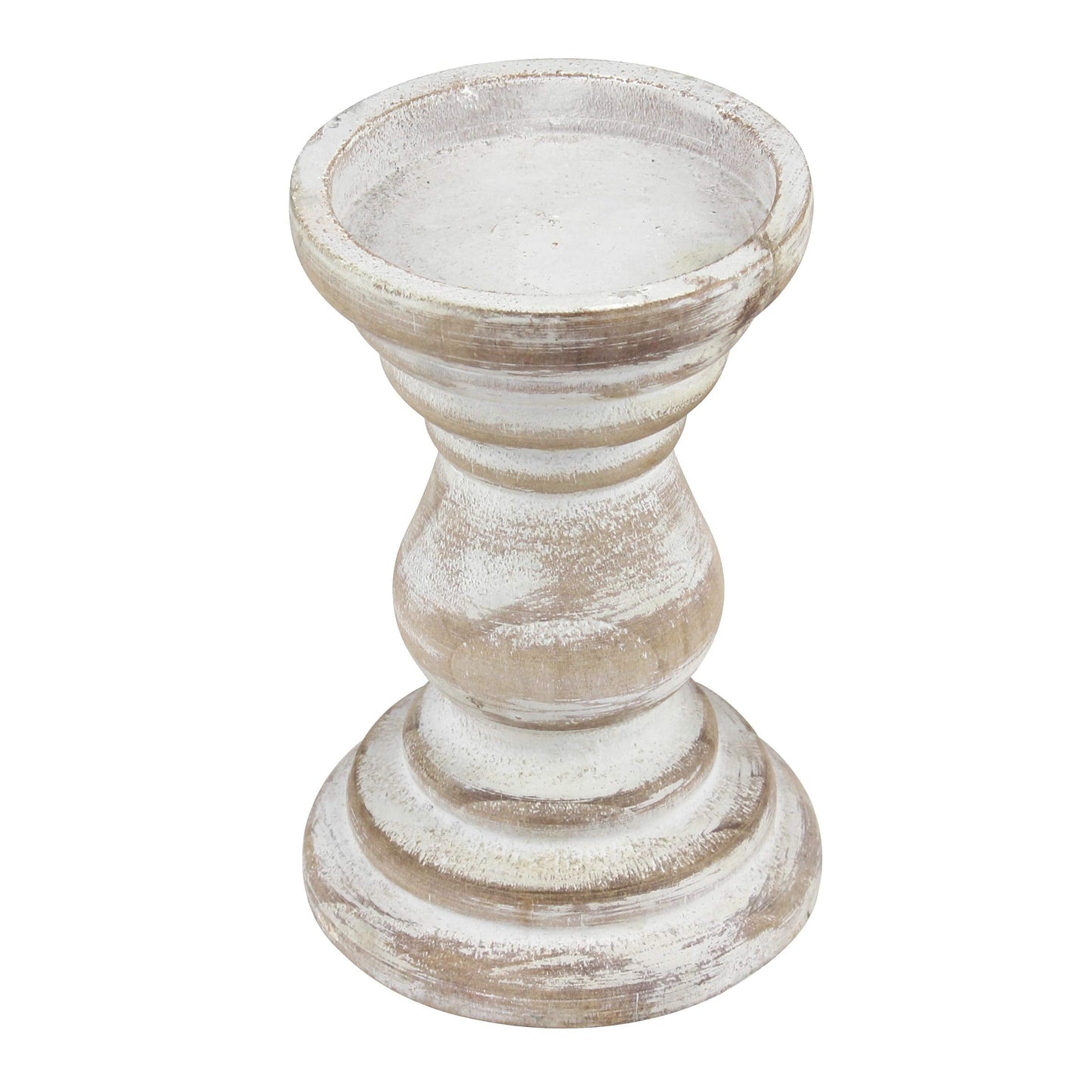 Stonebriar Antique White Wooden Pillar Candle Holders, Vintage Seaside Stand for Table Top, Medium and Small