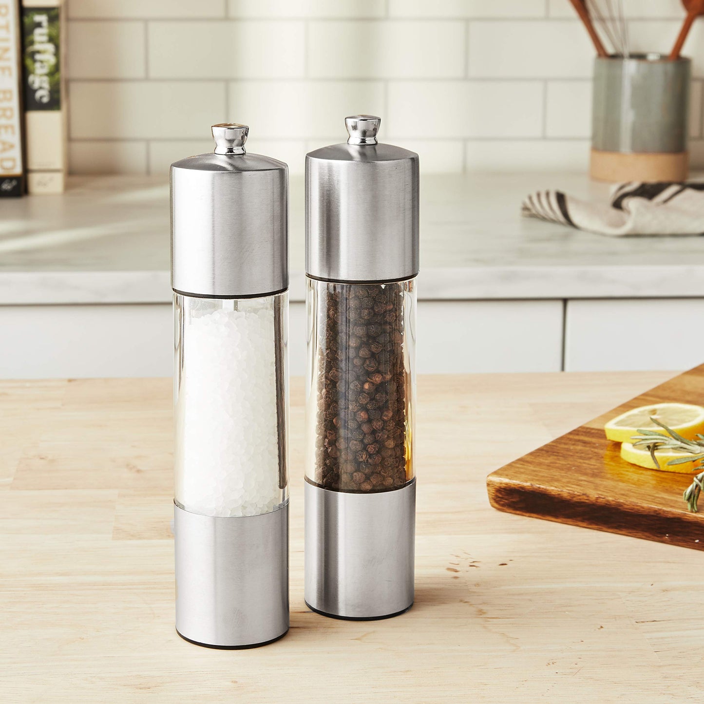 Cole & Mason Everyday Salt & Pepper Mill Gift Set - Filled Salt & Pepper Grinders - Refillable & Adjustable Mill Set - Acrylic & Stainless Steel Salt & Pepper Grinders - Hand Wash - Stainless Steel
