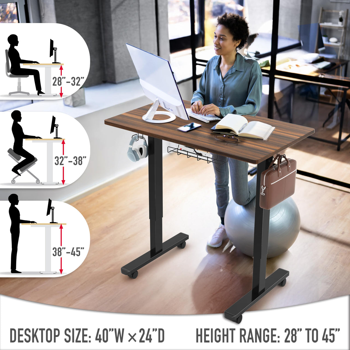 SHW 40-Inch Mobile Electric Height Adjustable Sit to Stand Desk with Drawer, Hanging Hooks and Cable Management, Walnut