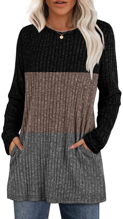 XIEERDUO Long Sleeve Shirts for Women Crewneck Tunic Tops Loose Fit Dressy Womens Sweaters with Pockets Fall Fashion 2025
