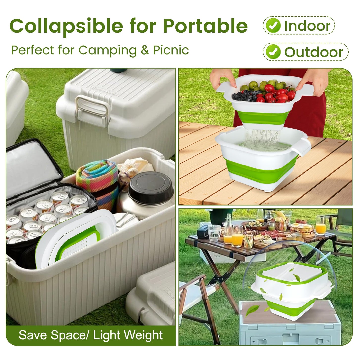 ROTTOGOON Collapsible Colander Set with Strainer Bowl, 2 in 1 Fruit Washing Basket with Strainer, 5 + 3 QT Plastic Colanders for Kitchen, Foldable Double Layered Colanders Bowl for Vegetable, Grey