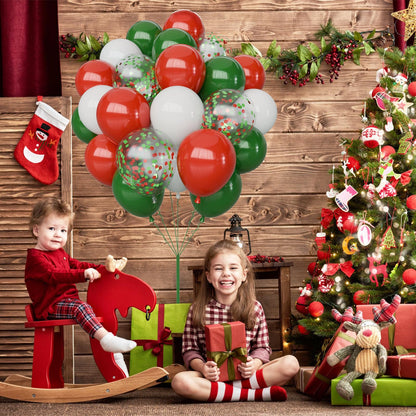Christmas Balloons Set, 65pcs 12 Inch Red Green White Confetti Balloons, Red and Green Latex Balloons for Christmas Party Decorations