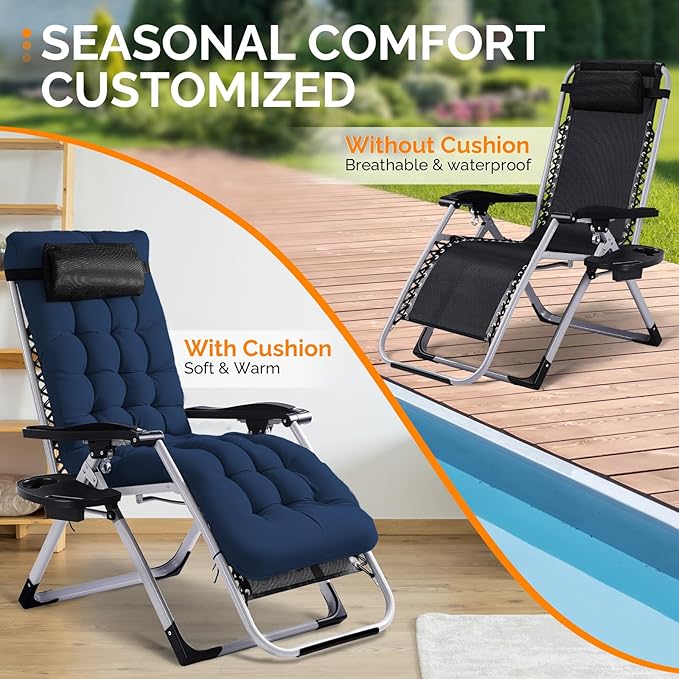 VINGLI Padded Zero Gravity Chair, Lounge Chair with Removable Cushion & Tray， Folding Reclining Patio Chairs， Recliner Chair for Lawn，Indoor and Outdoor-Blue