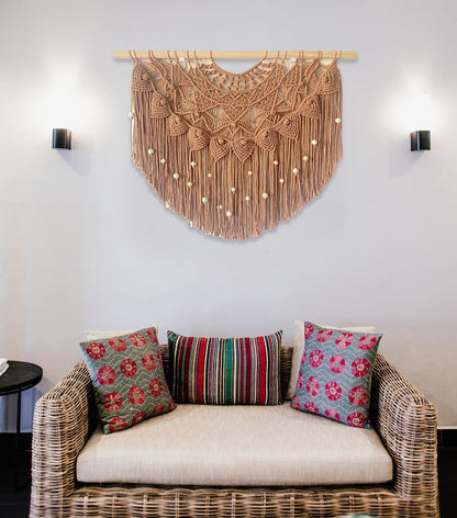 Youngeast Large Macrame Wall Hanging Boho Beaded Curtain for Window Macrame Bedroom Headboard Living Room Wall Art Tassel Tapestry Bohemian Woven Wall Decor 31" W X 25" H (Khaki)