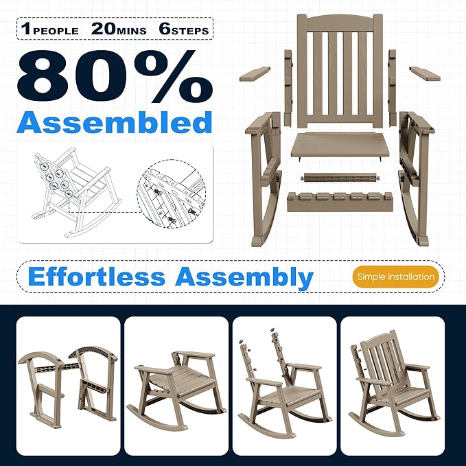 Devoko PP Material Rocking Chair Outdoor Indoor All Weather High Back Patio Rocker for Adult Heavy Duty Rocking Chair for Patio Backyard Porch Garden (Heavy Duty, Light Brown)