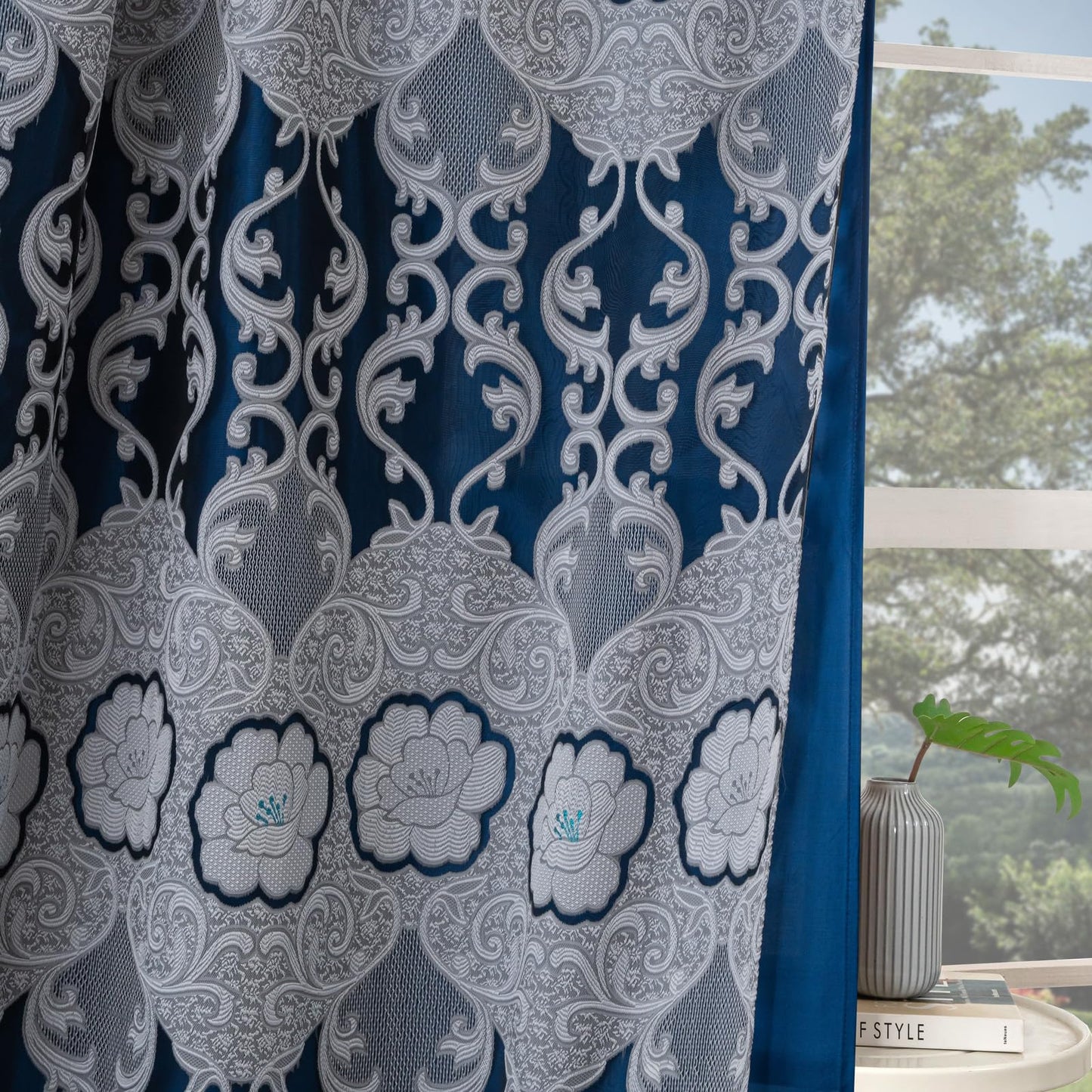 Petrichor Navy Sheer Jacquard Voile Curtains （54" W x 84" L）, 2 Panels with Attached Valance, Double Layer Floral Cutwork Design with Luxurious Texture, Rod Pocket, for Bedroom & Living Room