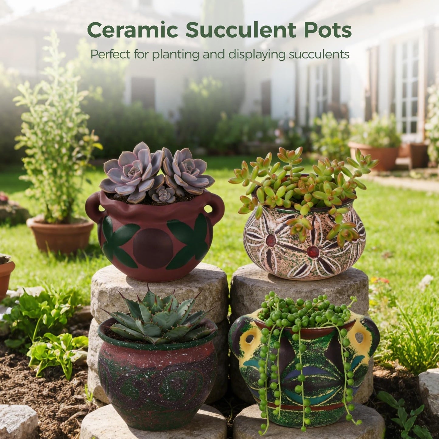 DORMIYA 4 Pcs Ceramic Plant Pots, 5.1/4 / 5.2/3.9 in Small Succulent Pots with Drainage Hole, Decorative Flower Pots, Bohemian Style Indoor Pots Set for Home Decor