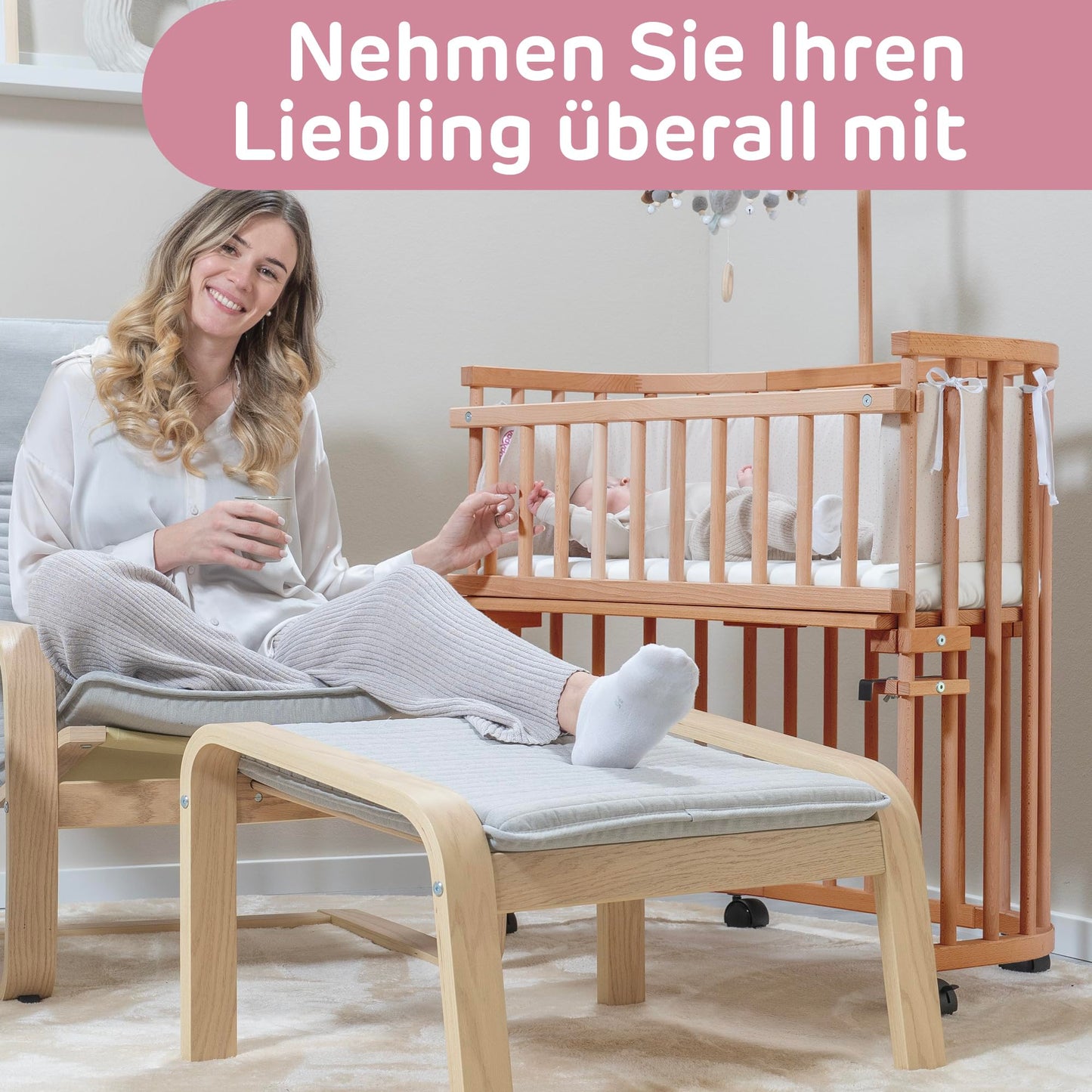 babybay Maxi Extra Large Side Bed Made of Solid Beech Wood/Children's Bed Height Fully Adjustable & Environmentally Friendly/with Mattress, Grid, Wheels (Natural Varnish)