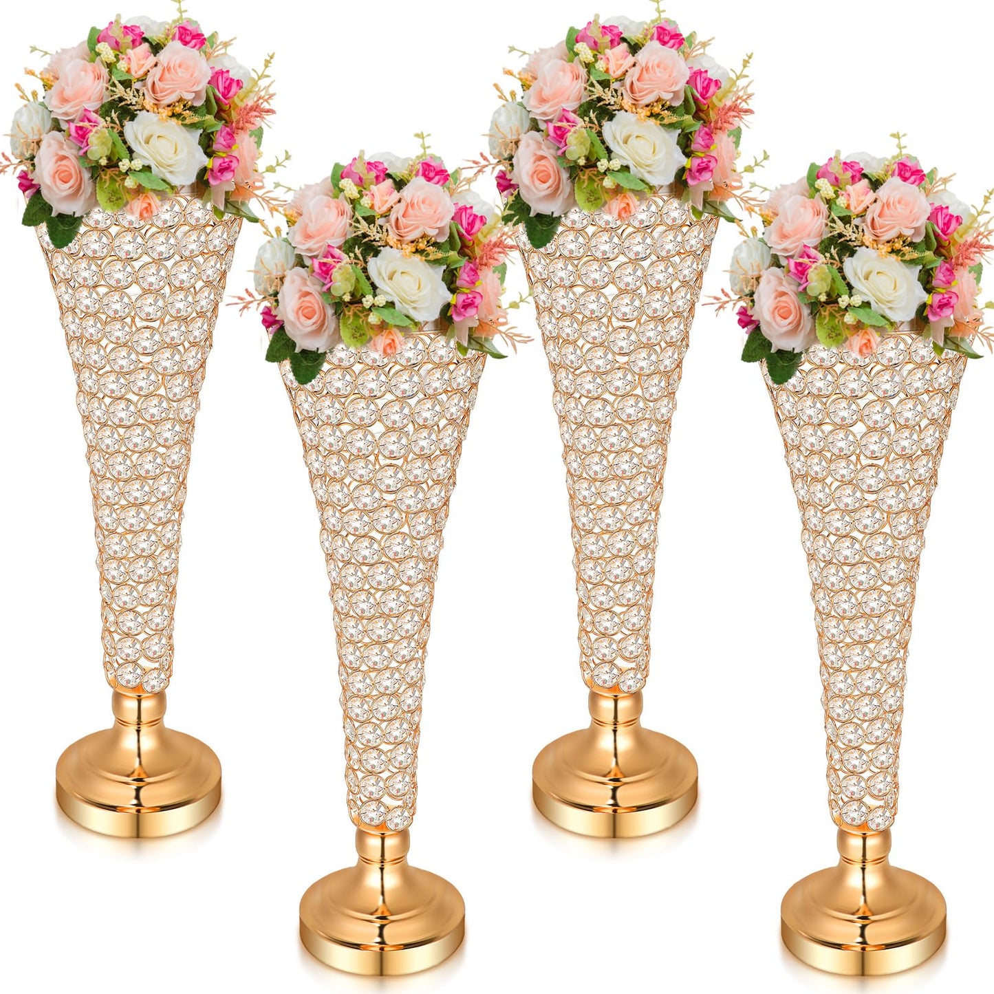 Rtteri 4 Pcs 20 Inch Tall Crystal Vase for Centerpieces Wedding Metal Crystal Trumpet Flower Vase Stand for Holiday Table Floor Wedding Banquet Celebration, Classic Elegance(Gold)