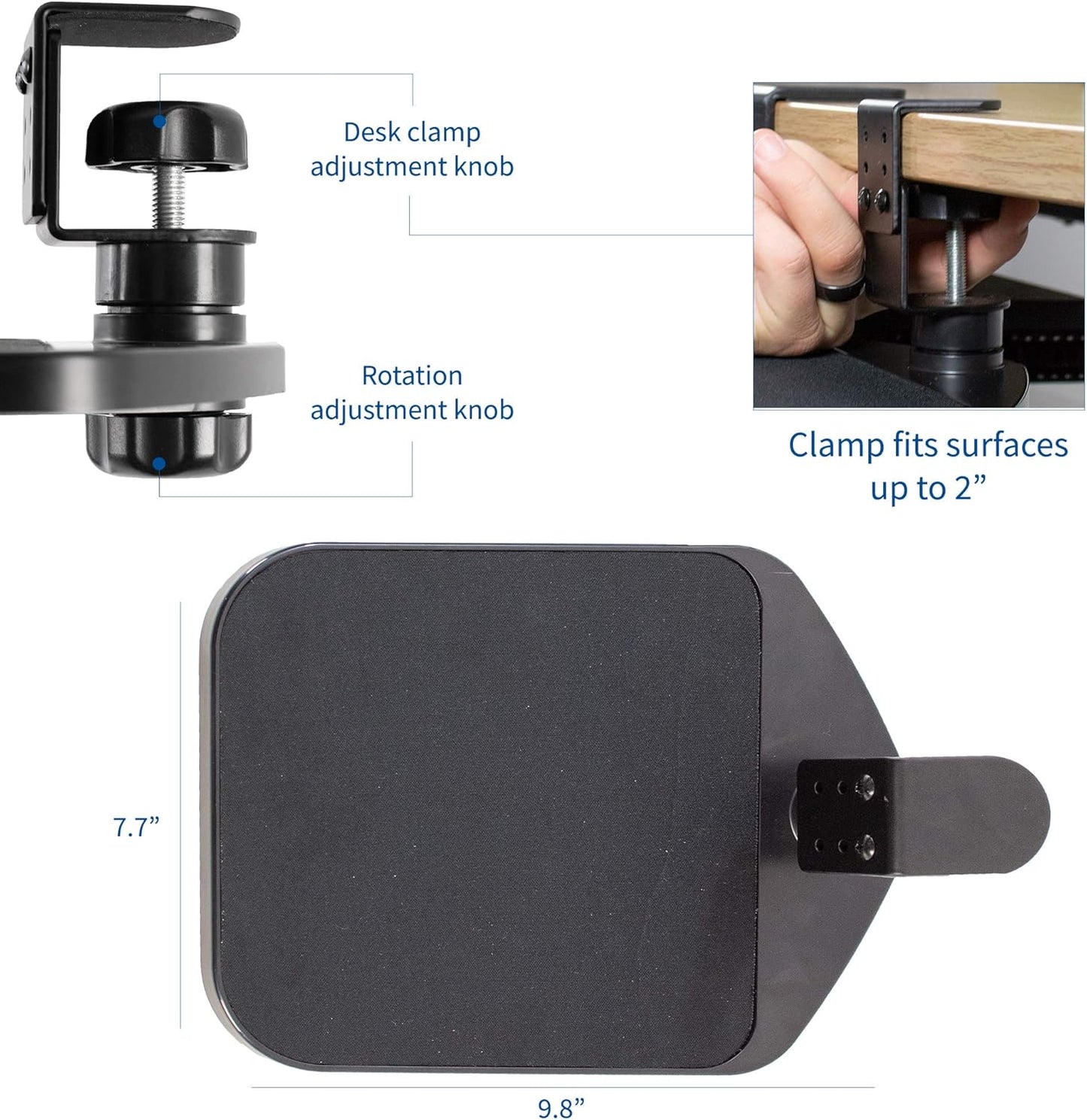 VIVO Clamp-on Mouse Pad Holder Platform, Adjustable Under Desk 360° Rotating Tray Rest Extension Attachment, up to 2 inch Desktops, Black, MOUNT-MS01A