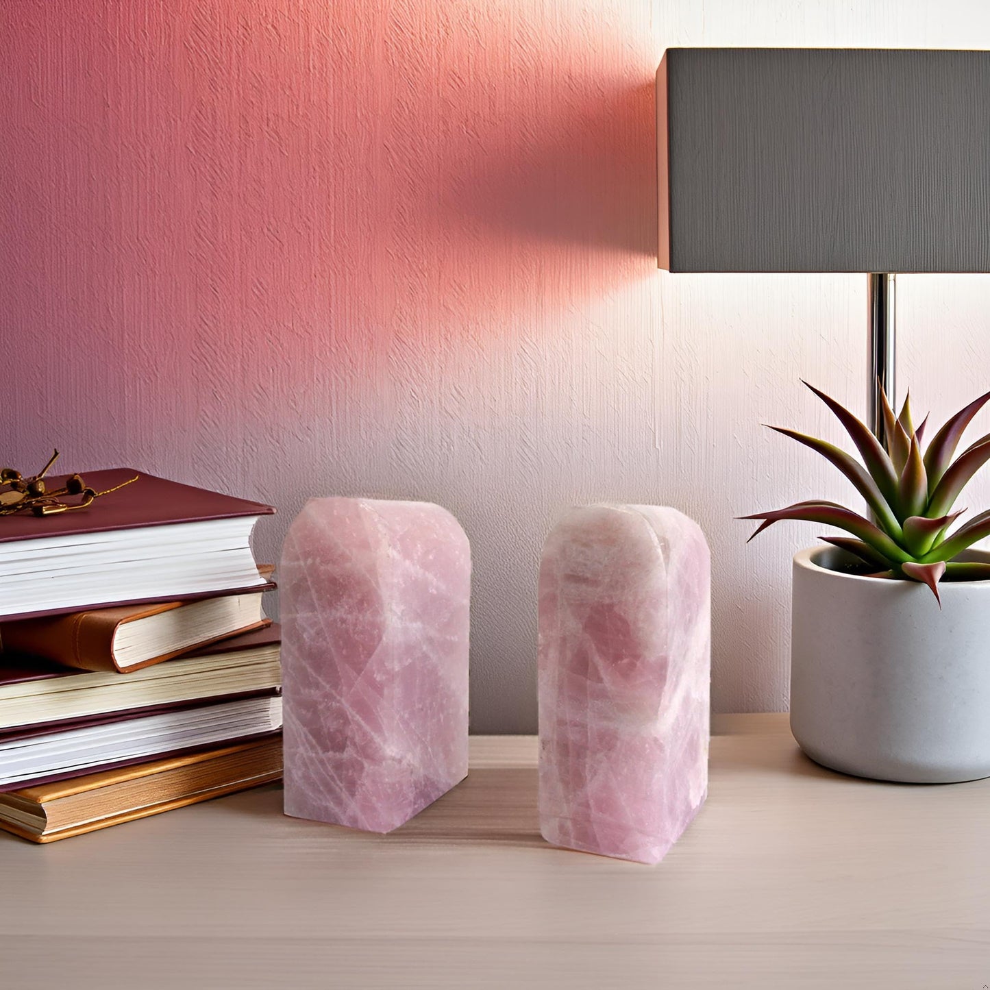 Sisamn Natural Rose Quartz Bookends 3.5-4 lbs Pink Crystal Stone Decorative Bookends with Non-Slip Bumpers for Home and Office Decor