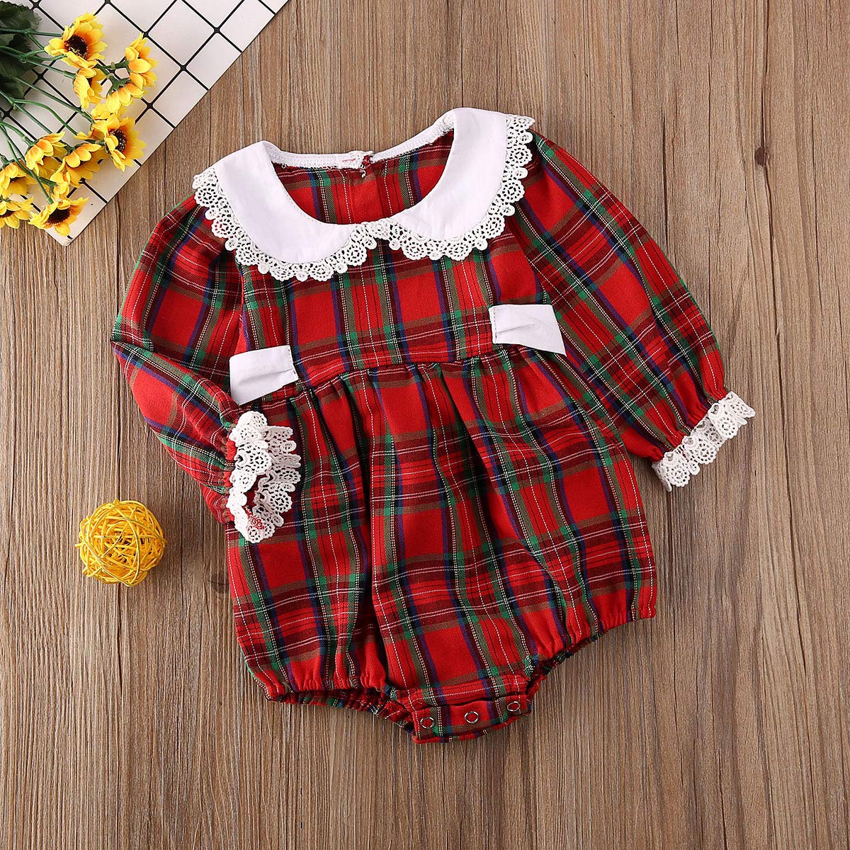 Baby Girl Christmas Dress Matching Newborn Girl Bodysuit Plaid Lace Princess Skirt Family Clothing (Romper/Long Sleeve, 0-3 Months)