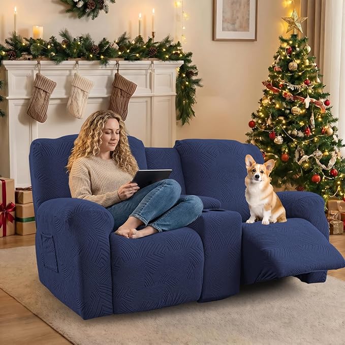 Recliner Loveseat Covers with Console, 6-Piece Stretch Geometric Strokes