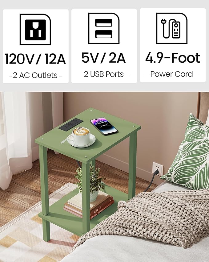 TUTOTAK End Table with Charging Station, Small Side Table with Outlets