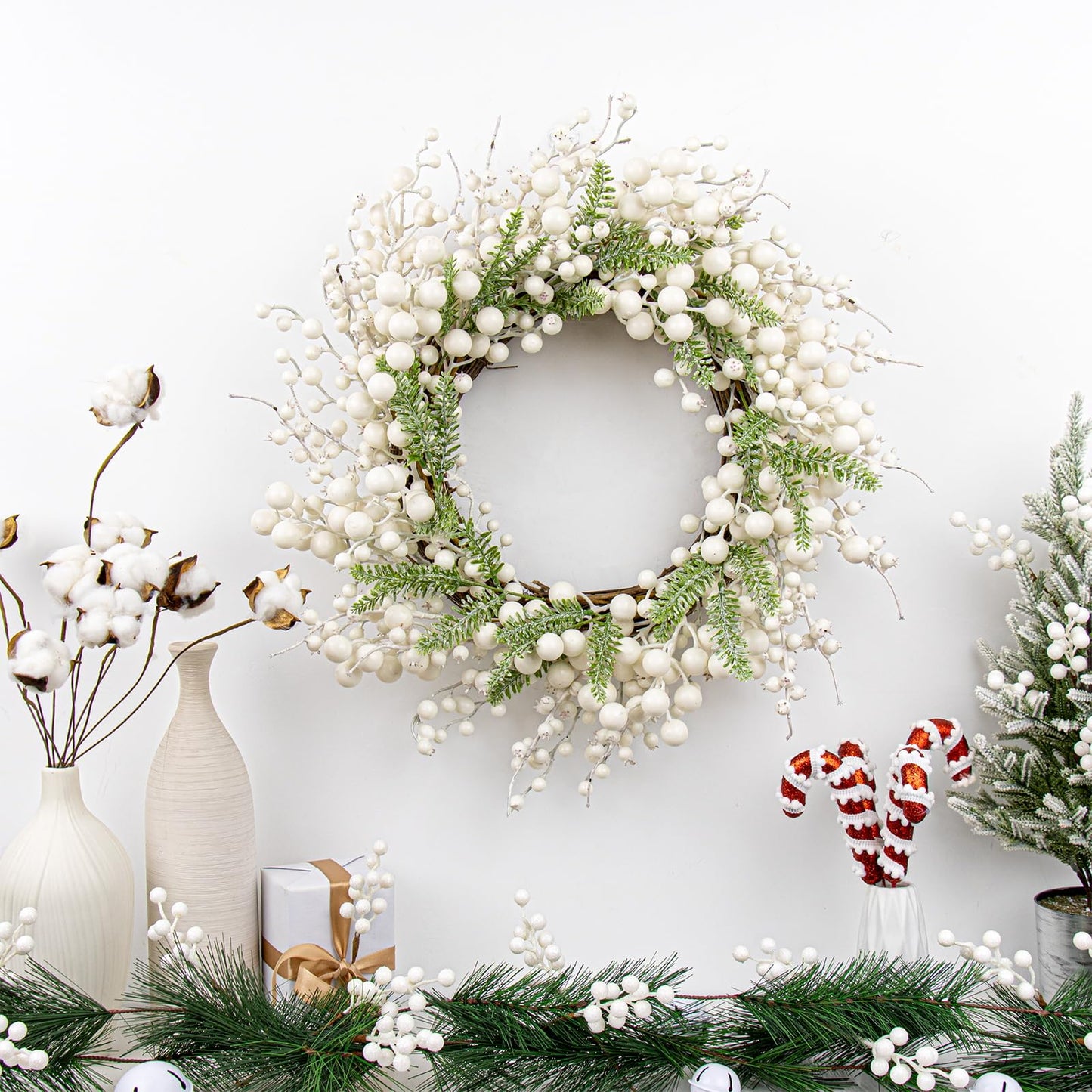 Yawwind 20 Inches White Christmas Wreath Farmhouse Winter Wreath Rustic Winter Wreaths for Front Door with White Berry Fir Pine Needle for Doors Window Indoors Porches Outside