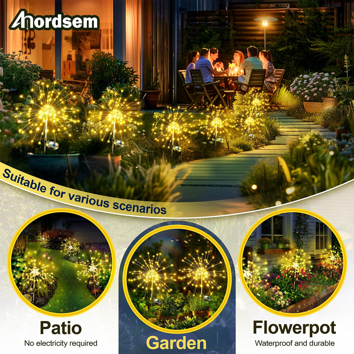 Anordsem Solar Lights Outdoor Waterproof: 2 Pack Garden Light - Bendable Copper Wire with 120 LED Firework Beads - DIY Warm Fun Decoration for Yard Patio - Twinkle Sparkler Gifts for Women Wife