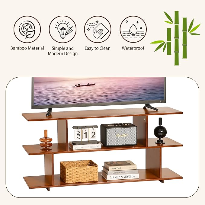 Bamboo TV Stand for TVs up to 55", 3 Tier Accent Entertainment Center