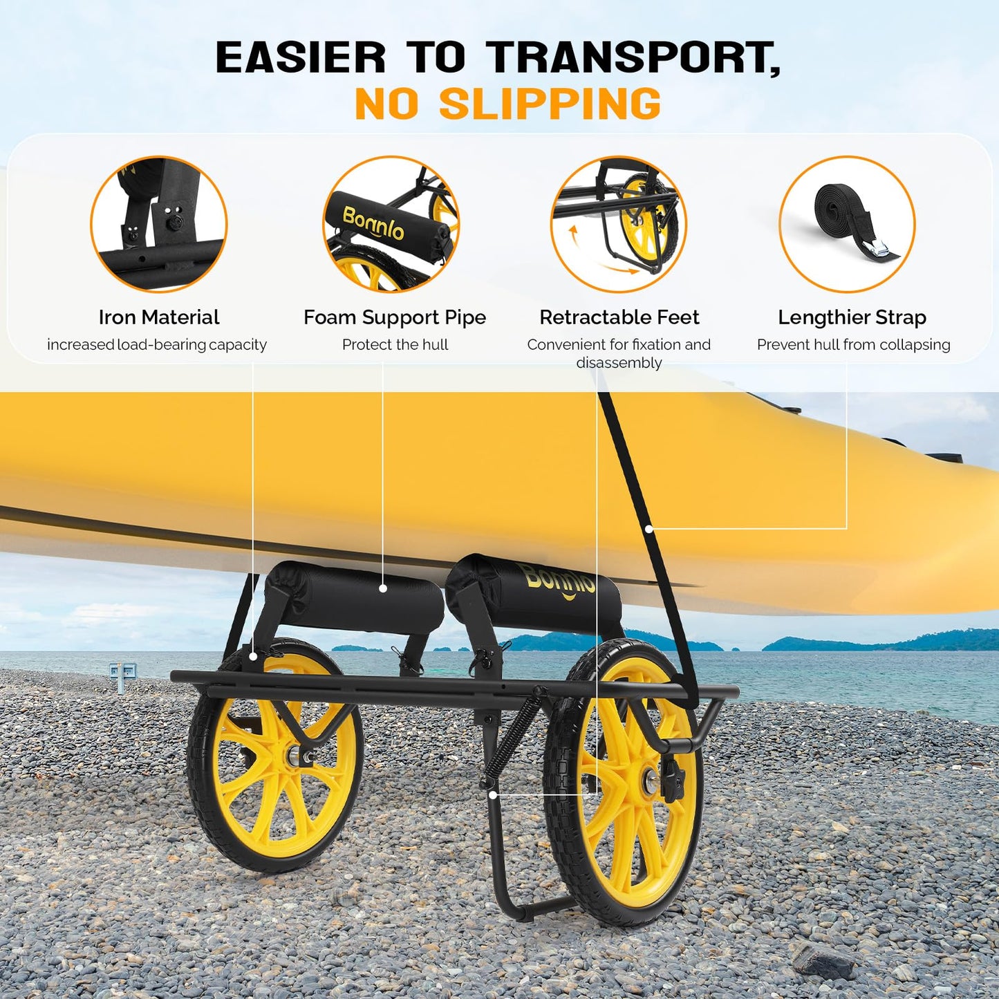 Bonnlo Durable Canoe Cart, All-Terrain Trolley Carrier with 15" Large Kayak Wheels, 330lbs Kayak Cart Dolly with Kickstand, Adjustable 4 Postions (8.66"-19.69") to Fit Kayaks, Canoes, and Small Boats