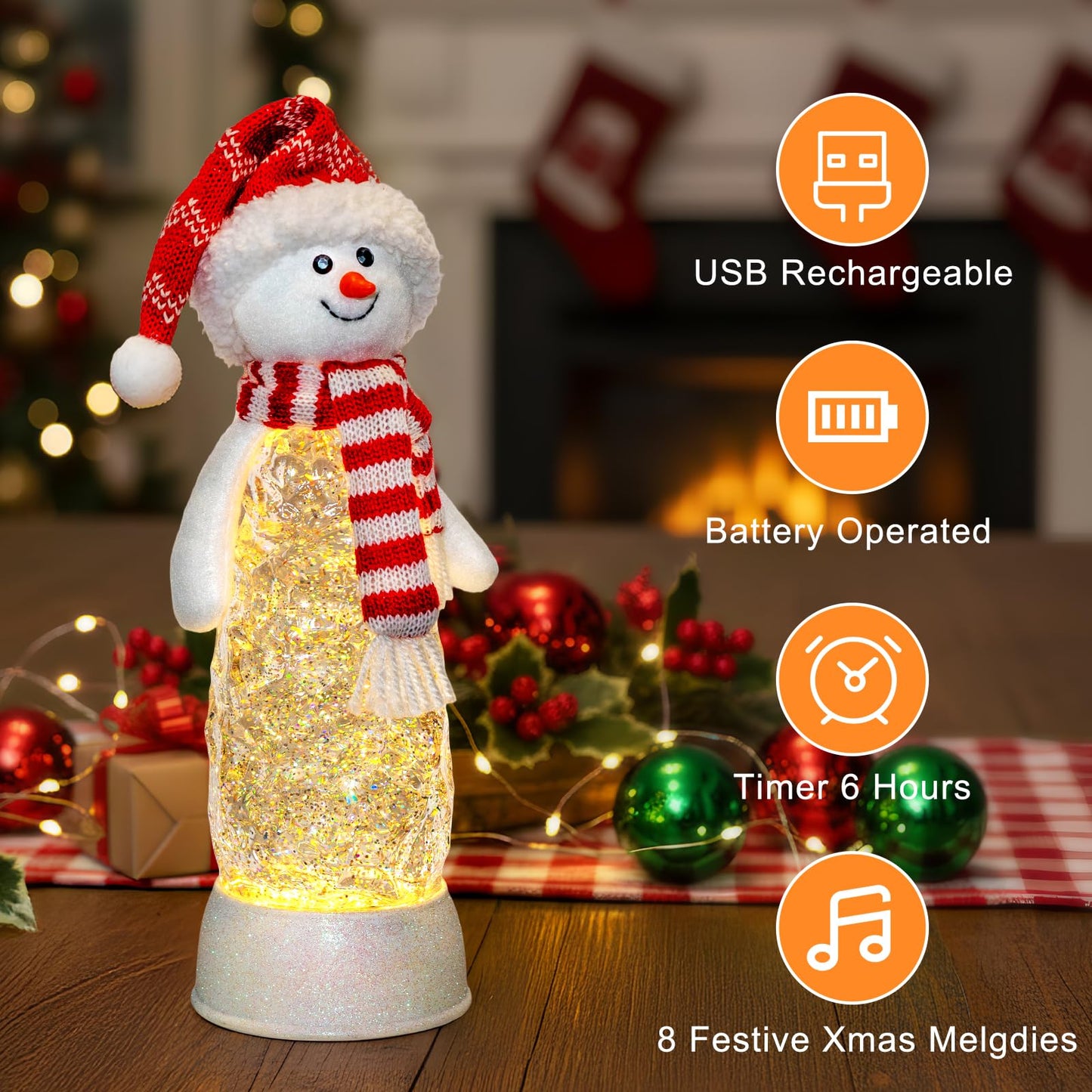 Christmas Snowman Snow Globes Lantern Musical Lighted Water Lantern Snow Globe Swirling Glitter Snowglobes with 6H Timer USB Operated Snowglobe Christmas Decoration for Home & Gift- Red Hat