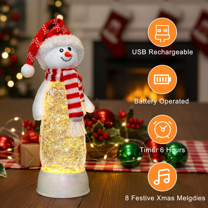 Christmas Snowman Snow Globes Lantern Musical Lighted Water Lantern Snow Globe Swirling Glitter Snowglobes with 6H Timer USB Operated Snowglobe Christmas Decoration for Home & Gift- Red Hat