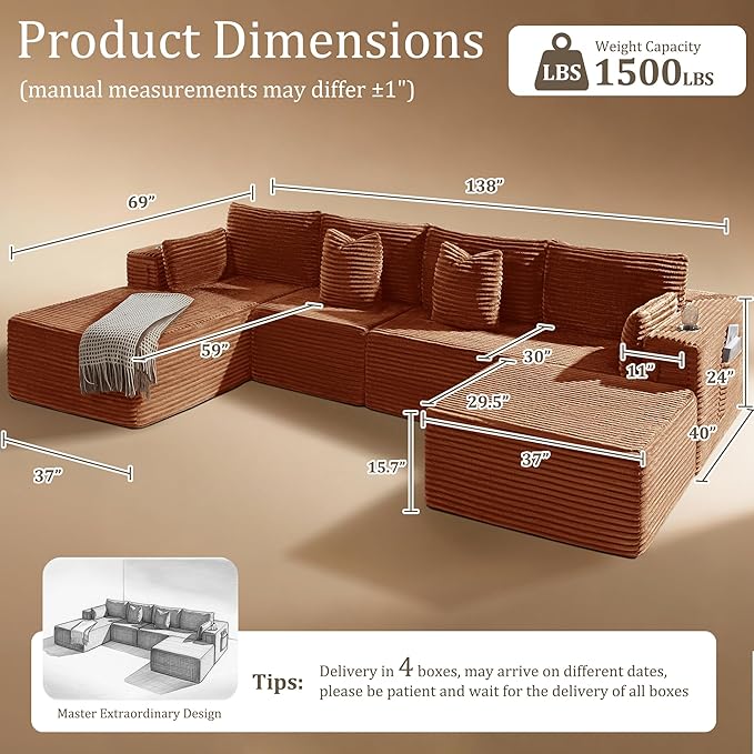 138" Cloud Sectional Couch, Comfort U Shaped Boneless Couch