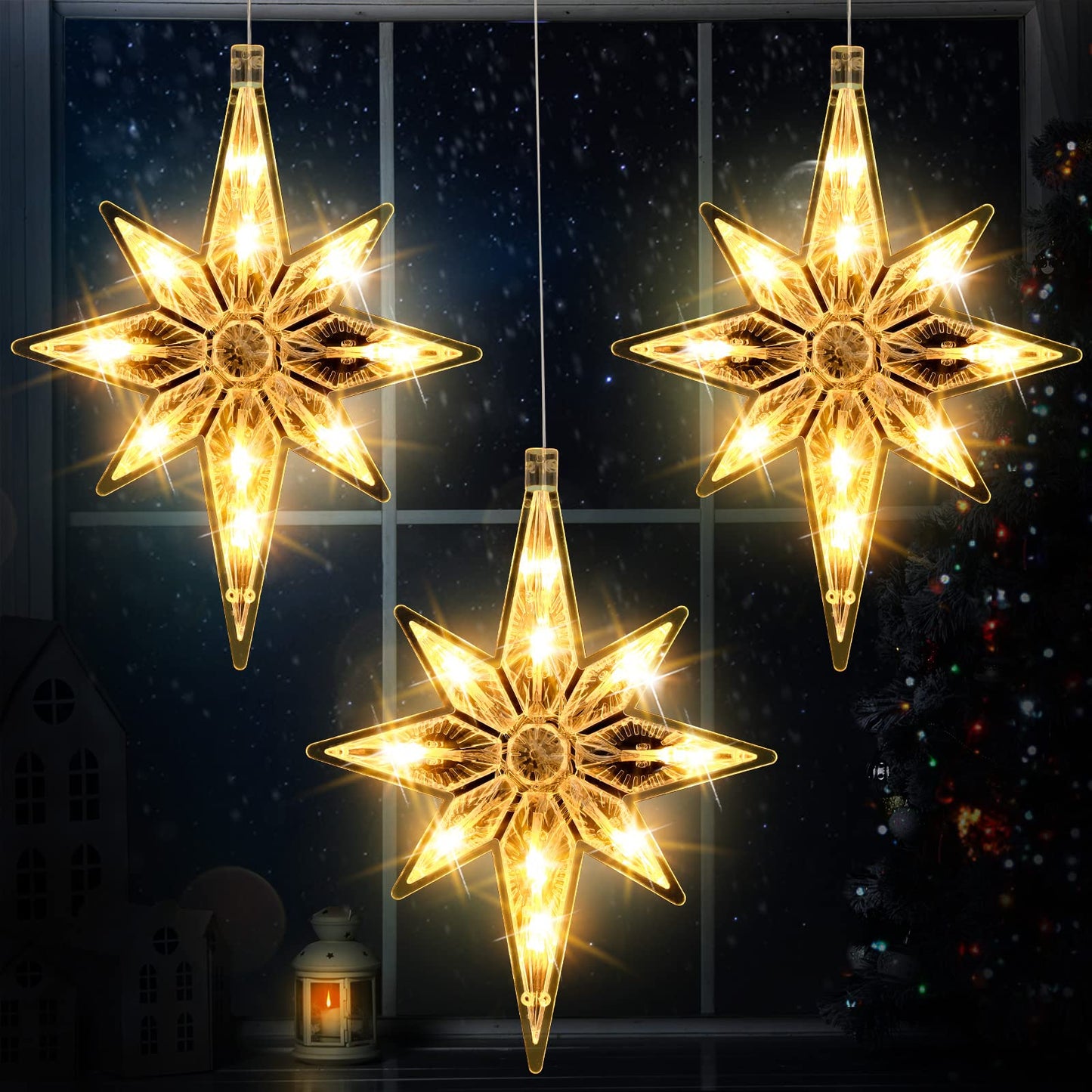 VIHOSE 3 Pcs 10.6 Inch Bethlehem Christmas Window Lights Plastic LED Lighted Christmas Window Silhouette Lights Large Hanging Xmas Tree Ornaments (Yellow)