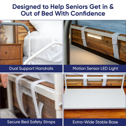 step2bed Bed Step Stool for Adults – Adjustable Bedside Platform with Safety Handle, Motion Sensor Light & Wide Base, Bedside Steps for Beds and Seniors