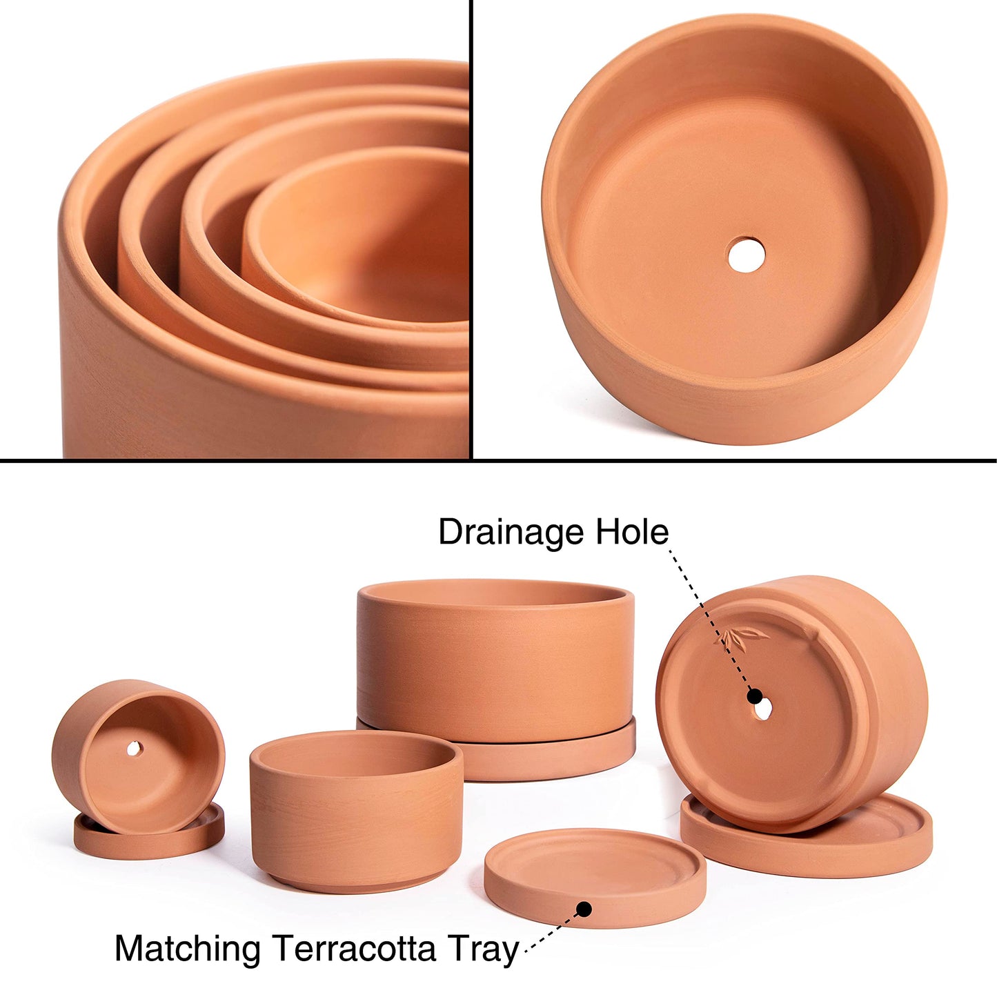 D'vine Dev Set of 4 Terracotta Shallow Planter Pots for Succulent, 3 Inch 4 Inch 5 Inch 6 Inch, Small Flower Plant Pots with Drainage and Saucer, 40-Z-0