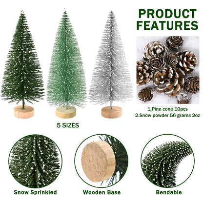 Set of 35PCS Mini Christmas Tree, Christmas Pine Cones, 2oz Fake Snow Powder, Mixed Christmas Decoration, Xmas Village Displays Winter DIY Crafts (Classic Green)