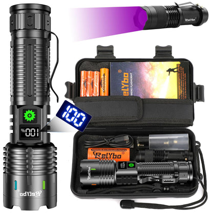 Relybo Torches LED Super Bright Rechargeable, Flashlight 500000 Lumens XHM88 Torches Battery Powered, Led Torch Rechargeable, Powerful Torch Flash Light for Dog Walking Hiking Camping Emergency Gift