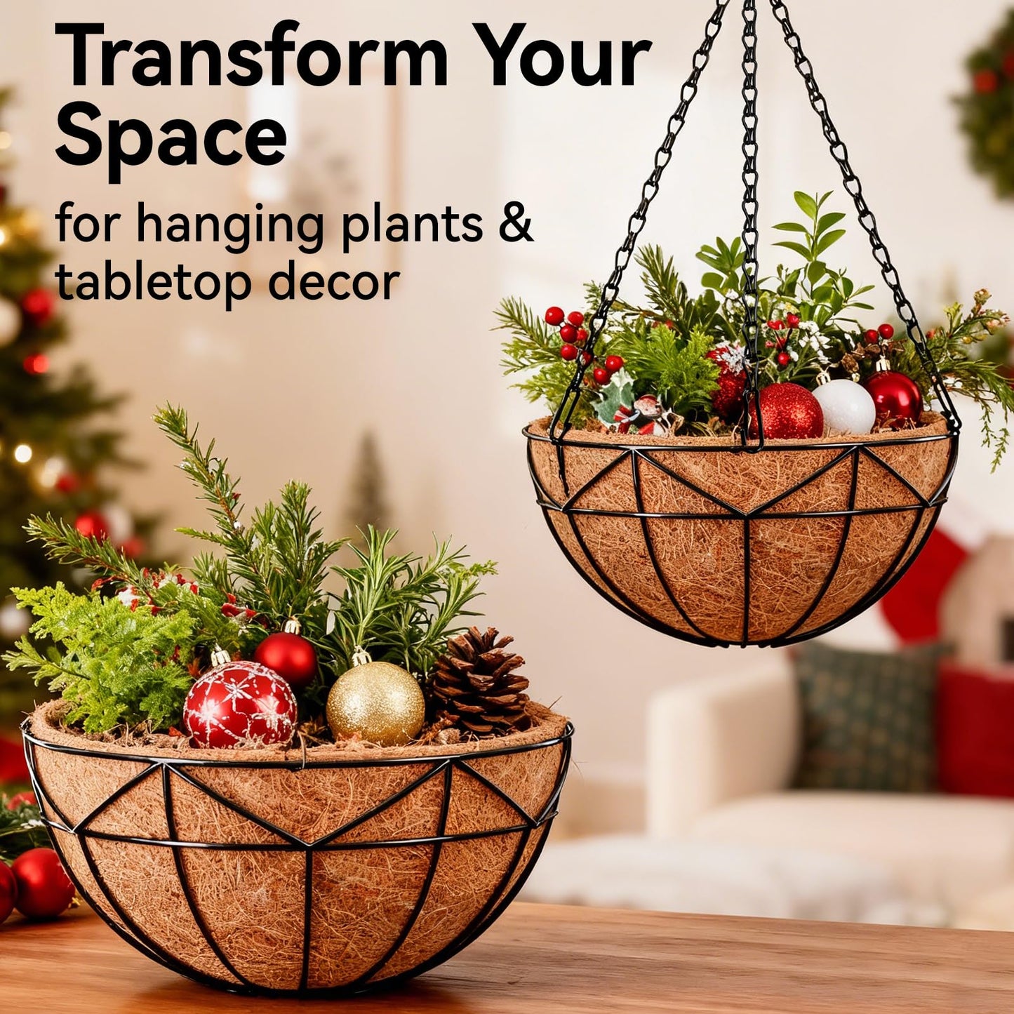 Halatool 4 Pack 14 Inch Hanging Baskets for Outdoor Plants, Heavy Duty Basket with Coco Liners, Rust-Proof Hanging Planters for Patio Fence Balcony Decor Trailing Vines Ferns Succulents Herbs